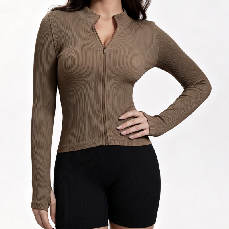 Women Ribbed Long Sleeve Zip U - Yoga Fitness Women recension och pris